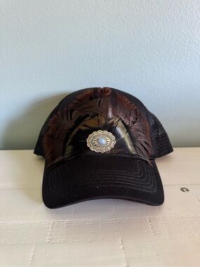 Women's Black Turkey Feather Accent Trucker Hat with Concho
